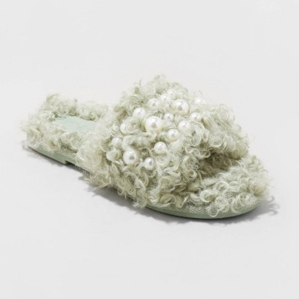 Adeline Slip-On Embellished Pearl Fuzzy Slide Slippers - Cat & Jack™ Mint Green
